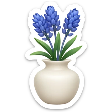 A small white ceramic vase holding a delicate blue hyacinth with soft green leaves — simple, elegant, and calming in a cozy, minimalist style. sticker