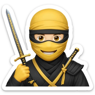 Make a customized yellow head emoji with hands and holding a sword in a ninja face mask sticker