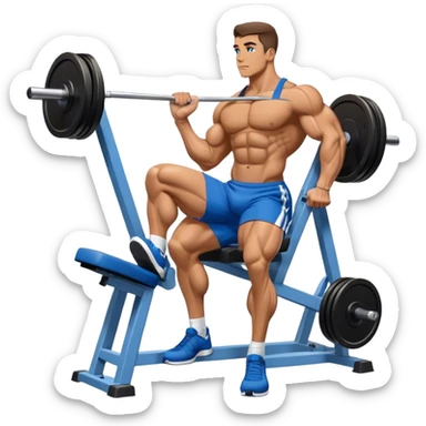 side-view bodybuilder in blue shorts seated weighted calf-raise machine on his tip toes sticker