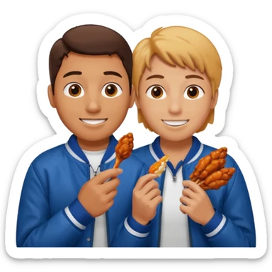 Human eating a chicken wing while watching hockey wearing a jacket with his friend smiling beside him. sticker