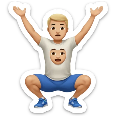 Make a normal wieght guy facing forward squatting with a t-shirt on and his hands up and his mouth open sticker