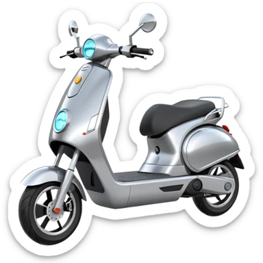 A futuristic electric scooter emoji made of silver chrome, sleek minimal frame, smooth metallic surface, subtle reflections, modern urban design, iOS emoji style, centered, clean white background sticker