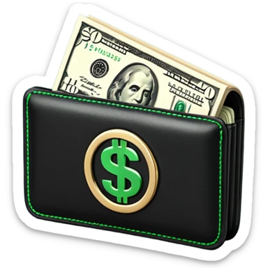 Rich emoji style black leather wallet with dollar bills, luxury money vibe, premium 3D emoji, ultra clean, high detail, no background sticker