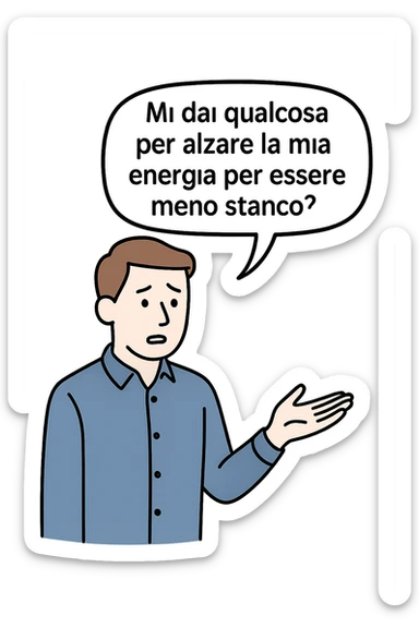 uomo che dice in una nuvoletta "mi dai qualcosa per alzare la mia energia per essere meno stanco?" sticker