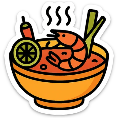 tom yum soup, steaming bowl with shrimp, lemongrass, chili, and lime, vibrant colors, appetizing, icon style sticker