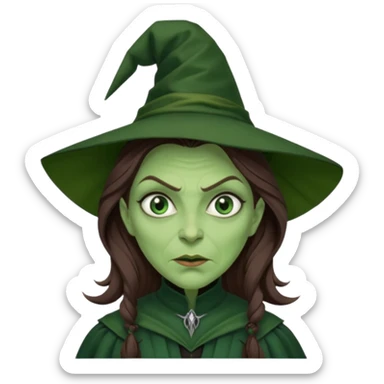 Wicked Witch of the West from the Wizard of Oz with green skin and eyes, brown long hair, dark green outfit sticker