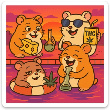 Add a bold sunset background with bright orange, pink, and purple colors behind the pool party scene. Maintain the flat toon style with a nostalgic, fun, and inviting summer party vibe, including THC/weed/cheese theme elements. sticker