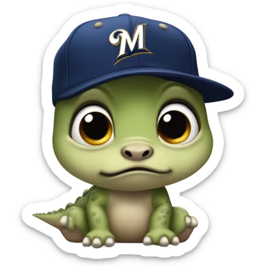 Sad baby dinosaur wearing a Milwaukee brewers hat  sticker