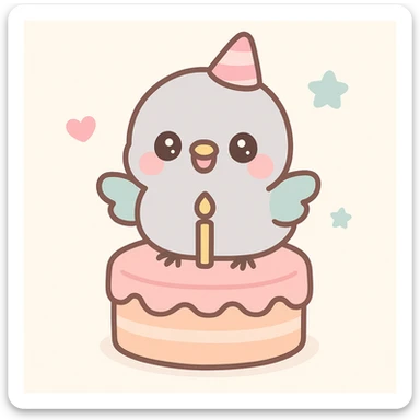 baby pigeon standing on birthday cake, joyful expression, pastel tone soft illustration sticker