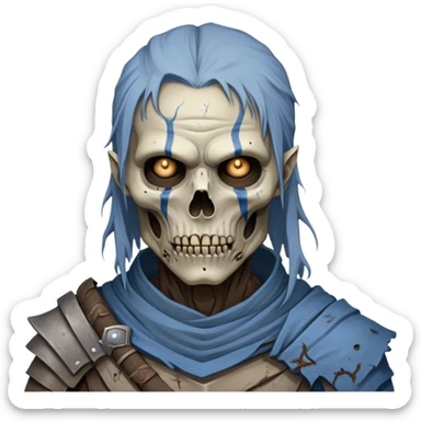 Cinematic Realistic WoW Undead Warrior Portrait, depicted with decayed yet noble features, his weathered, pallid skin etched with ghostly blue veins and ancient scars. Clad in modest, tattered attire in muted browns and greys that remain consistently rugged, his hollow eyes burn with determined defiance. Rendered with lifelike texture and dramatic natural lighting, high shine, noble and resilient, capturing the stoic spirit of an undead veteran of Azeroth. sticker