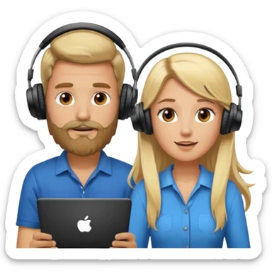 pareja hombre con barba y mujer rubia  pelo largo  charlando en streaming con auriculares sticker