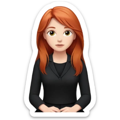 Video call therapy session: red-haired therapist with long hair wearing black minimalist clothing, seated in a professional home office, looking at the webcam; calm, modern teletherapy setting sticker