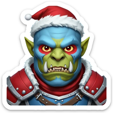 Fantasy Christmas orc legion soldier icon, iron tundra army theme, heavy winter armor, disciplined brutal look, dark icy steel armor with bold crimson cloth and markings, cold blue shadows, high contrast, clean emoji portrait style
 sticker