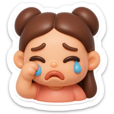 Create a vinyl figure style sticker of the girl from the reference image, crying with a pouty face, wiping away a tear, cute and expressive. sticker