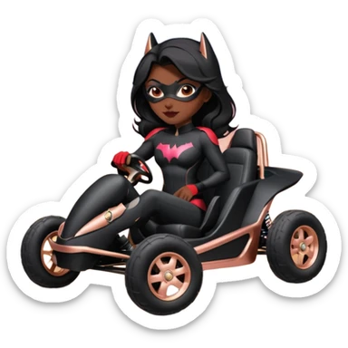 Hot full size real size-appearance electric racing action sexy BatWoman’s feminine midnight-colored tight outfit sixty’s tv show 1992 dark stealthy sporty safe plush petite off-road pursuit cruiser car rose gold accents (black hair,reclined and relaxed torso and shoulders seating position) go kart  sticker