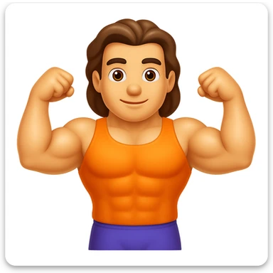 Create an emoji that looks exactly like the reference image in iOS emoji style. The emoji should have 3D appearance, shiny surface, smooth gradients, soft shadows, a muscular body, an expressive face, and hair. Add a subtle highlight to the arms while keeping the iOS emoji style. sticker