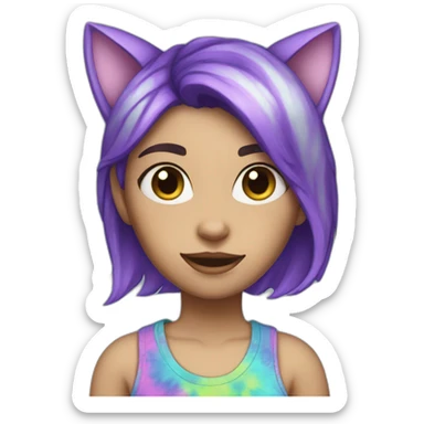 white girl with purple hair and cat ears and a blue-green tye dye shirt sticker