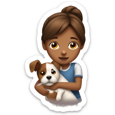 A little girl with brown hair and brown skin hugging a brown and white dog sticker