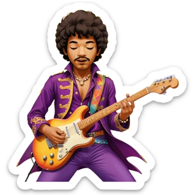 Icon for Rock Music: Jimi Hendrix playing his iconic guitar on stage, surrounded by his band. The design should capture the electrifying energy of his performance with vibrant lighting, swirling colors, and musical intensity. Transparent background. sticker