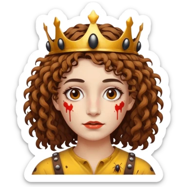 portrait woman short curly brown mullet hair brown eyes white skin with paint smeared cheeks and beetle crown sticker