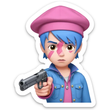 boy with pink skin, blue hair, wearing a hat, pointing a gun sticker