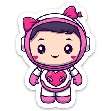 adorable pink robot girl with a hair bow and heart patterns sticker