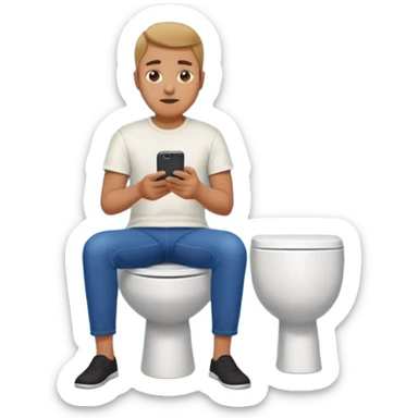 Man on toilet playing on phone while people wait to use bathroom sticker