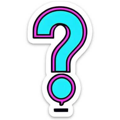 three-dimensional question mark with neon glow effect, blue and purple neon glow on top left, pink neon glow on bottom right sticker