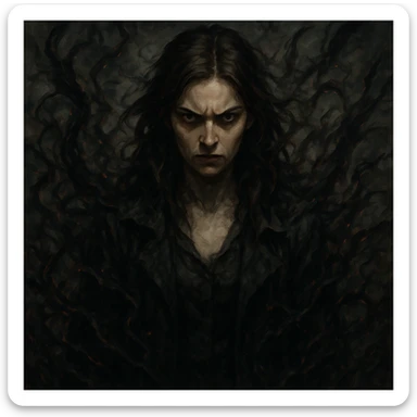 A woman with brown hair surrounded by chaotic, negative energy, intimidating presence, intense and foreboding expression, menacing and dreadful aura, sharp features, unsettling vibe sticker