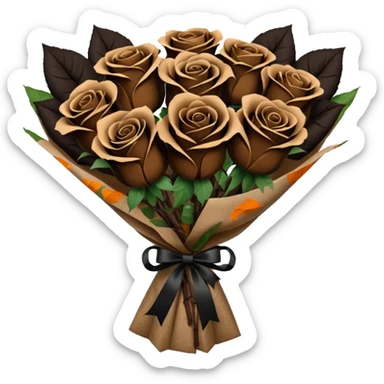 boquete of brown and black roses in a paper package sticker