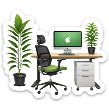 An ergonomic office setup with a height-adjustable desk and a large flat monitor on top. Next to it, a modern ergonomic swivel chair with supportive backrest, and a small potted plant placed on the desk or floor to add a healthy touch sticker
