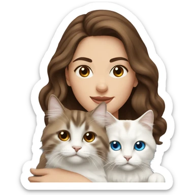woman with brown hair and holding a all white Siberian cat with blue eyes sticker