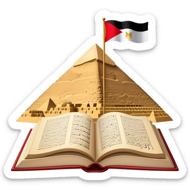 An icon featuring the Pyramids of Giza and the flag of an Arabic-speaking country, symbolizing the Arabic language. The design includes an open book with Arabic script and calligraphy, representing language learning and cultural heritage. Transparent background sticker