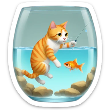 cat fishing for a goldfish in a glass sticker