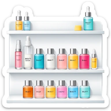 big long white shelf with one serum bottle labeled beauty brand and big sticky note sticker