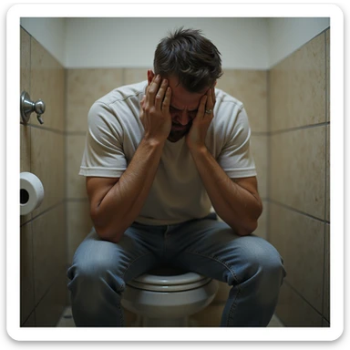 realistic hyper-detailed 4K image of a man in bathroom sitting on toilet, face contracted in pain, sweating, casual clothes, realistic environment sticker