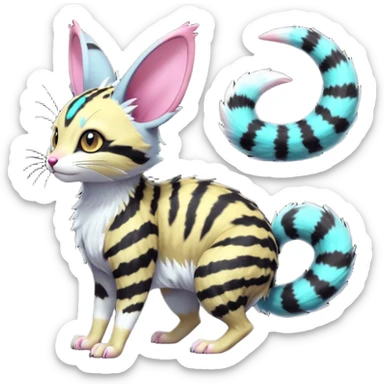 Fantasy abyssal pitch-Black-coated fur with glowing bioluminescent random colorful neon-markings divine beautiful elegant pretty precious cute young youthful  Fakémon-Pokémon-alien-opossum-feline-serval-caracal-chinchilla-Minccino-hybrid-creature with a big fluffy bushy striped tail (full body) sticker