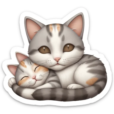 grey and white small cat with eyes closed lying down upside down tightly hugging its own face sticker