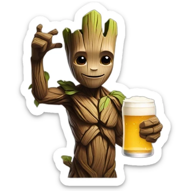 groot holding a beer sticker