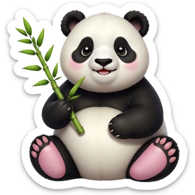 Cinematic smiling chubby panda, fluffy black and white fur, round rosy cheeks, tiny paws holding a bamboo shoot, sparkling eyes full of joy, soft glowing background, irresistibly huggable. sticker