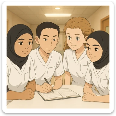 Same scene with four nursing students in Ghibli style, collaborating indoors, wearing short-sleeved white uniforms with V-neck medical tunics, left chest pocket, no collar stand, no stethoscopes, bare forearms, long hair tied back for those who have it. Variant with soft hospital lighting and decor ambiance. sticker