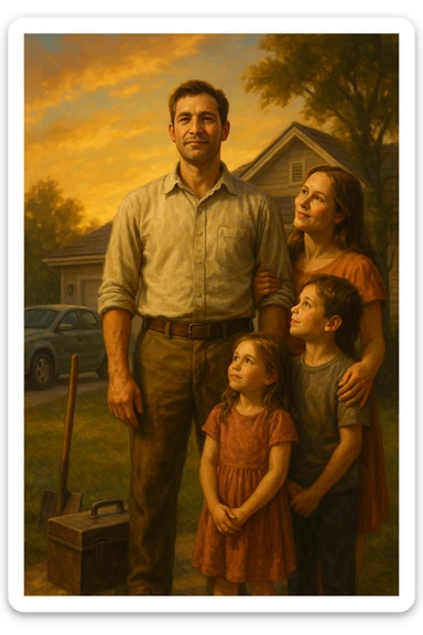 Uomo tra i 35 e i 45 anni, in piedi con postura fiera davanti alla sua casa, circondato dalla famiglia: moglie e figli lo guardano con rispetto e affetto. Indossa abiti semplici ma ordinati, simbolo di lavoro e stabilità (camicia, pantaloni, magari una cassetta degli attrezzi o una valigetta vicino). Sullo sfondo elementi che richiamano i suoi ruoli: casa ordinata, auto familiare, strumenti di lavoro, simboli di protezione e presenza. Espressione serena, forte ma accogliente. Colori caldi, luce naturale del tramonto. Stile realistico, atmosfera rassicurante e simbolica sticker