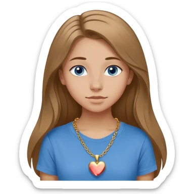 A 16-year-old girl with long, light brown hair and blue eyes. She also has slightly tanned skin, a small nose, and average-sized lips (though her lower lip is slightly larger than her upper lip). She's wearing a taupe T-shirt with a round neck and a gold necklace with a small heart on it. sticker
