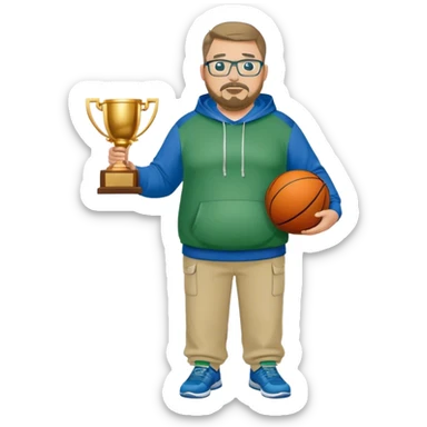  full body white obese male basketball coach with trophy. Goatee , Wearing glasses and blue and green hoodie and khaki pants sticker