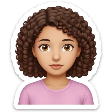 A Latina girl with brown eyes and short curly hair with a light pink shirt sticker