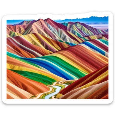 Rainbow Mountains Zhangye Danxia colorful striped hills, simplified emoji style with bold outlines and bright colors, cartoon style multicolored mountain ridges sticker