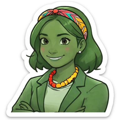 Girl crossing her arms with her hands on her neck smiling with stern eyebrows sticker