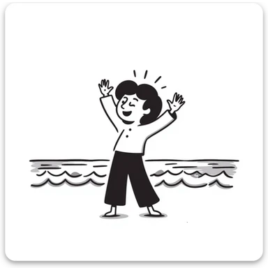 Whimsical character dancing with arms up on beach, sunshine highlighting their silhouette, playful tralalala mood, ocean waves sticker