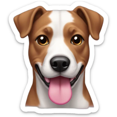 Dog, pit mix, black face with pink nose spots, brown eyes, white spot on top of snout, pink tongue, white chest sticker