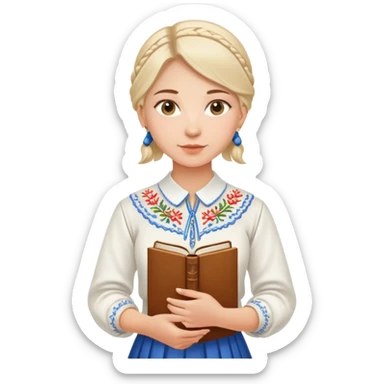 Young Ukrainian librarian wearing a traditional white embroidered vyshyvanka shirt holding books sticker